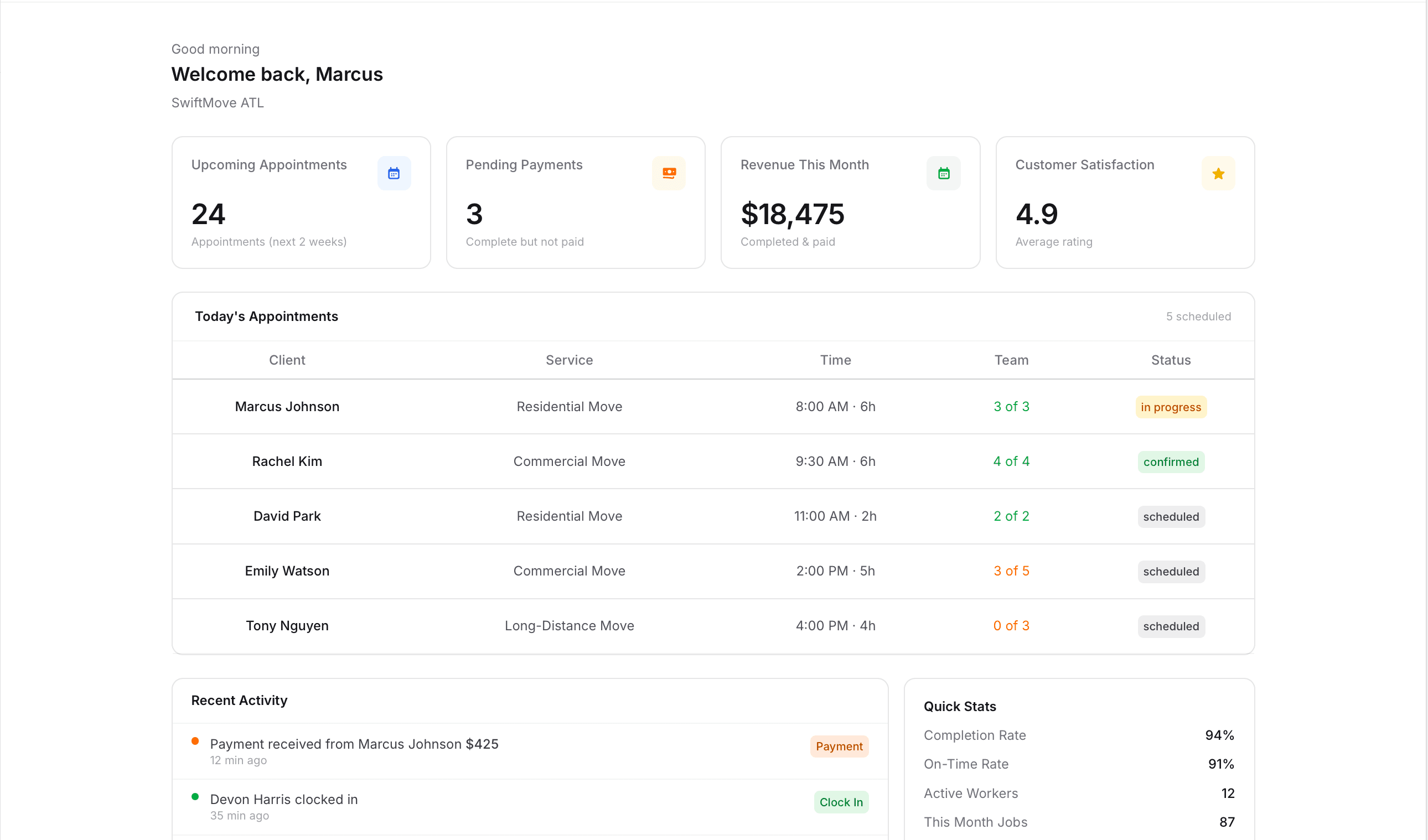 Helprs dashboard showing appointments, revenue, and team activity